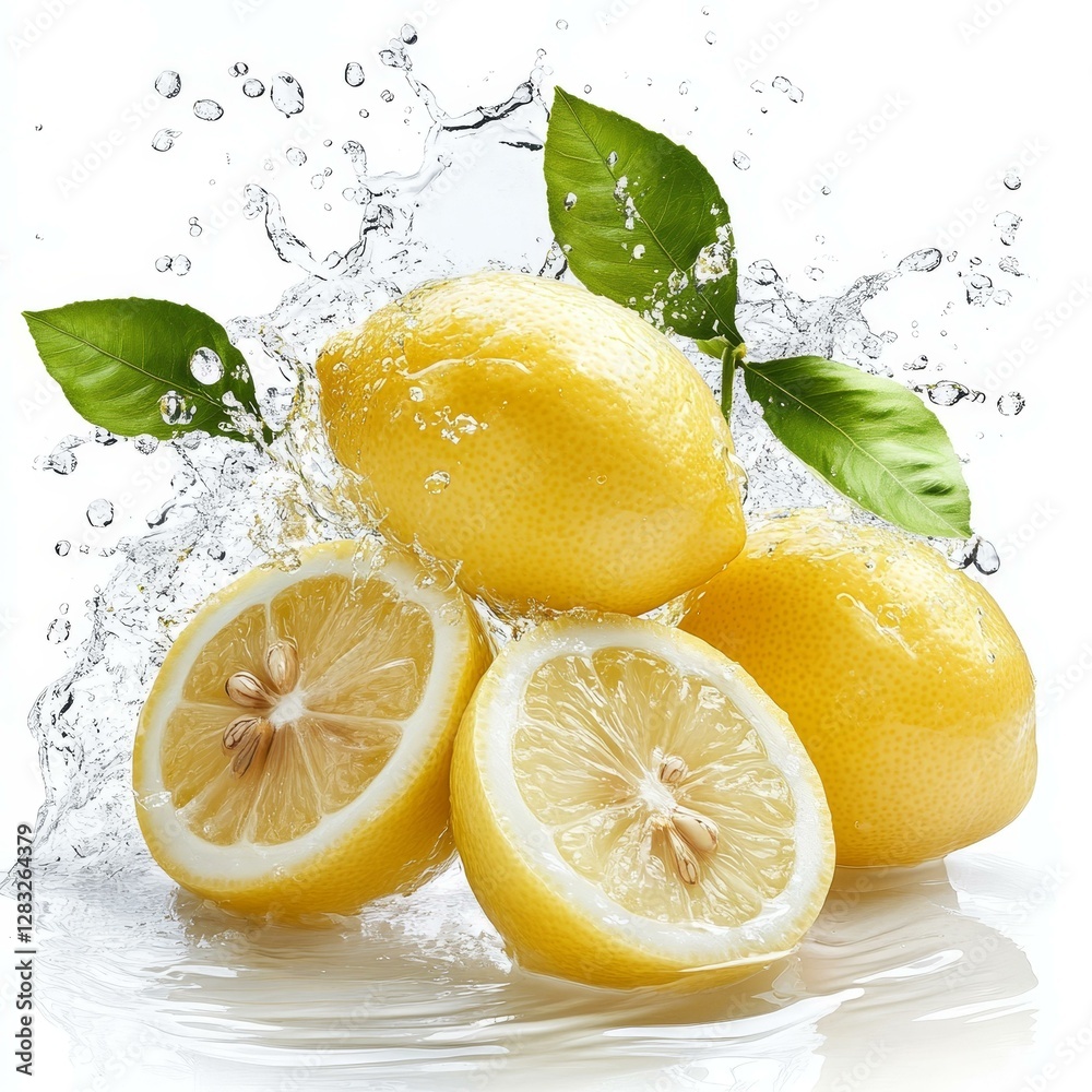 Fresh Lemons in Water Splash with Leaves Fresh Lemons in Water Splash with Leaves
