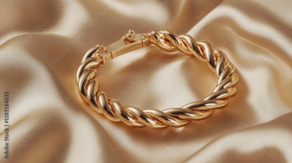 Fototapeta premium Gold cuff bracelet with a twisted rope design, beautifully displayed on a silky champagne fabric. No text, no people.