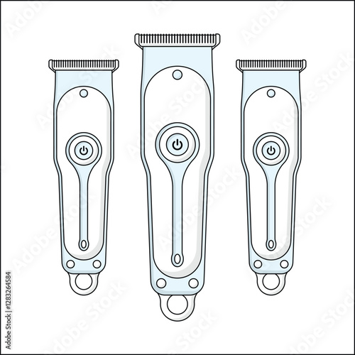  Three hair clippers arranged side by side, showcasing their sleek and modern design. Ideal for representing grooming tools and accessories in barbershops and salons.
