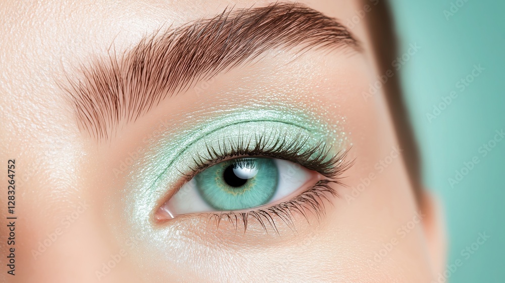 Obraz premium Close-up of a person's eye. the eye is a beautiful shade of blue with a hint of green. the eyeliner is a light green color and is applied in a way that creates a dramatic look.