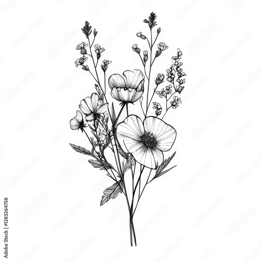 Obraz premium Floral Elegance: A delicate bouquet of wildflowers and blossoms, rendered in intricate black and white line art, conveys natural beauty, grace, and artistic expression.