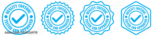 Quality control icon set on white background. quality control round stamp. Quality control badge label design. Certified tested approved icon stamp. Quality check icon in round shape. Vector 