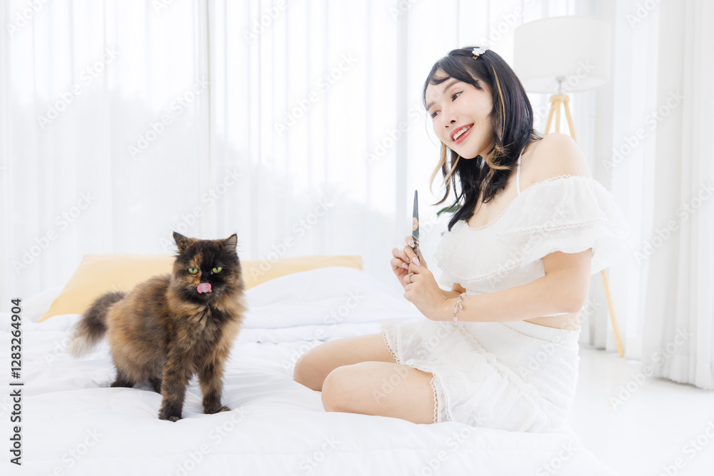 Asian happy young female sitting on white bed owner smiling holding feeding jelly treat fluffy tortoiseshell cute little kitten breed pussycat pet friend in bedroom at home, Concept love animal care. Asian happy young female sitting on white bed owner smiling holding feeding jelly treat fluffy tortoiseshell cute little kitten breed pussycat pet friend in bedroom at home, Concept love animal care.