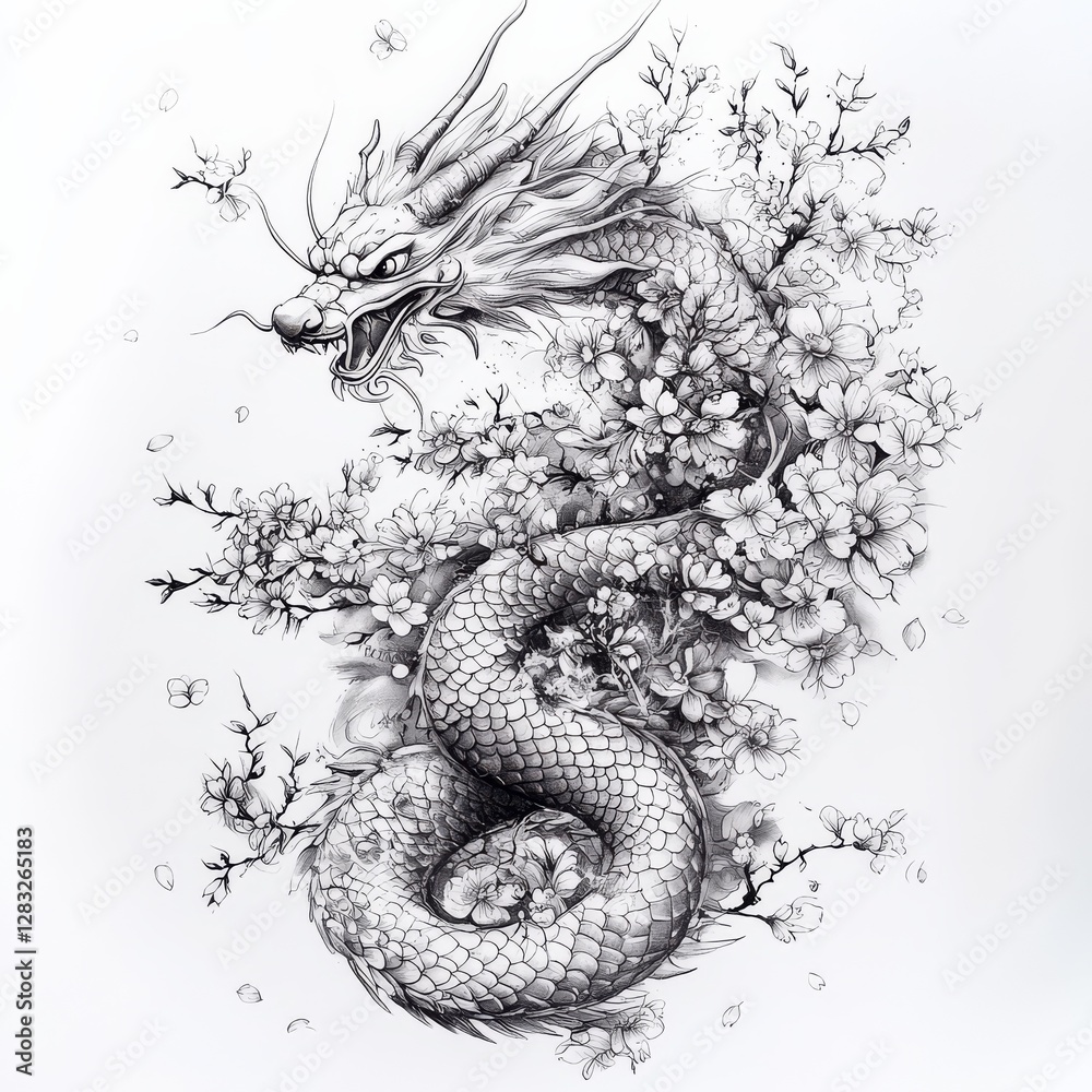 Obraz premium Mystical Dragon: An artistic depiction of a majestic dragon entwined with blossoming flowers, a symbol of power and grace.