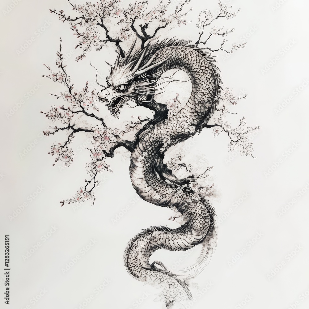 Obraz premium Dragon and Cherry Blossoms Illustration: A majestic dragon entwined with delicate cherry blossoms, rendered in intricate detail, creating a captivating piece of art.