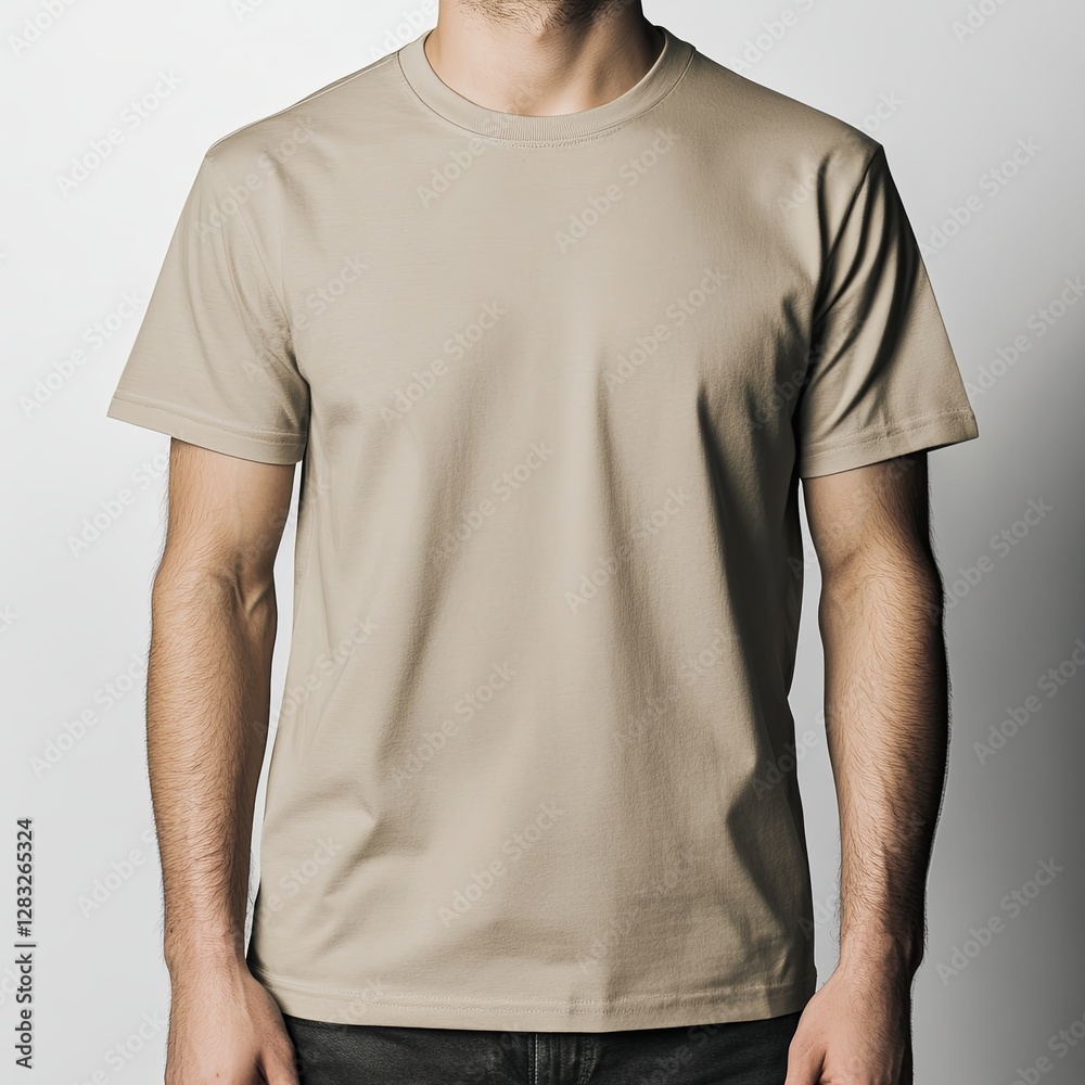 Beige t shirt mockup with a plain, white background for your design or logo Beige t shirt mockup with a plain, white background for your design or logo