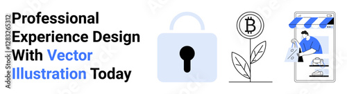 Lock icon for data security, Bitcoin with plant for cryptocurrency growth, and e-commerce with mobile shopping. Ideal for finance, tech, innovation, economy, e-commerce, secure platforms flat