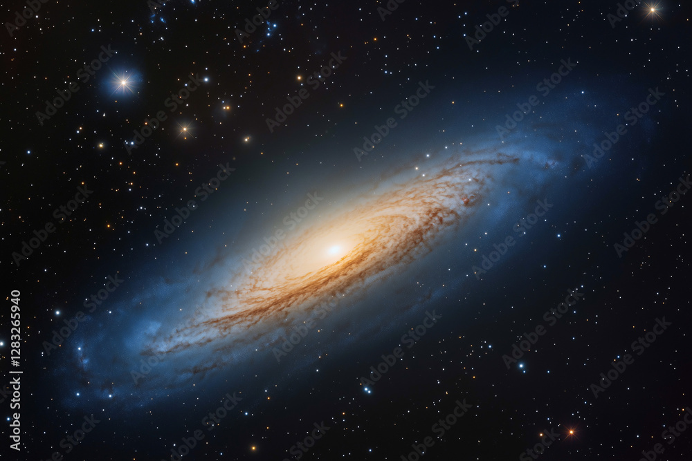 Obraz premium Andromeda Galaxy: Witness the breathtaking beauty of the Andromeda Galaxy, a spiral galaxy of cosmic dust and celestial wonders, as it shines with vibrant hues amidst the backdrop of the vast cosmos.