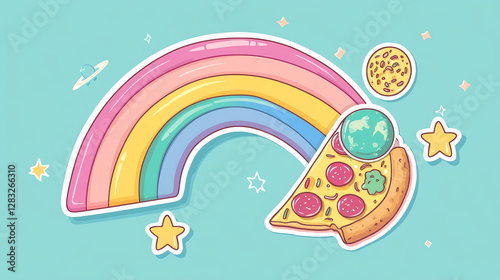 Layouts of social media post with psychedelic stickers with cute sun, rainbow, planet, disco ball, eye and pizza. Abstract posters templates with transparent background, vector illustration