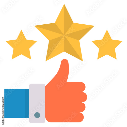 Positive Feedback Thumbs Up with Golden Stars Flat Design Icon for Excellent Service Quality Rating