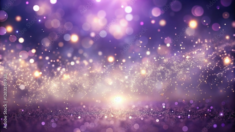 Obraz premium Glittering light purple particles suspended in mid-air with a soft bokeh effect on stage, creating an ethereal ambiance, luminous fog, cosmic display
