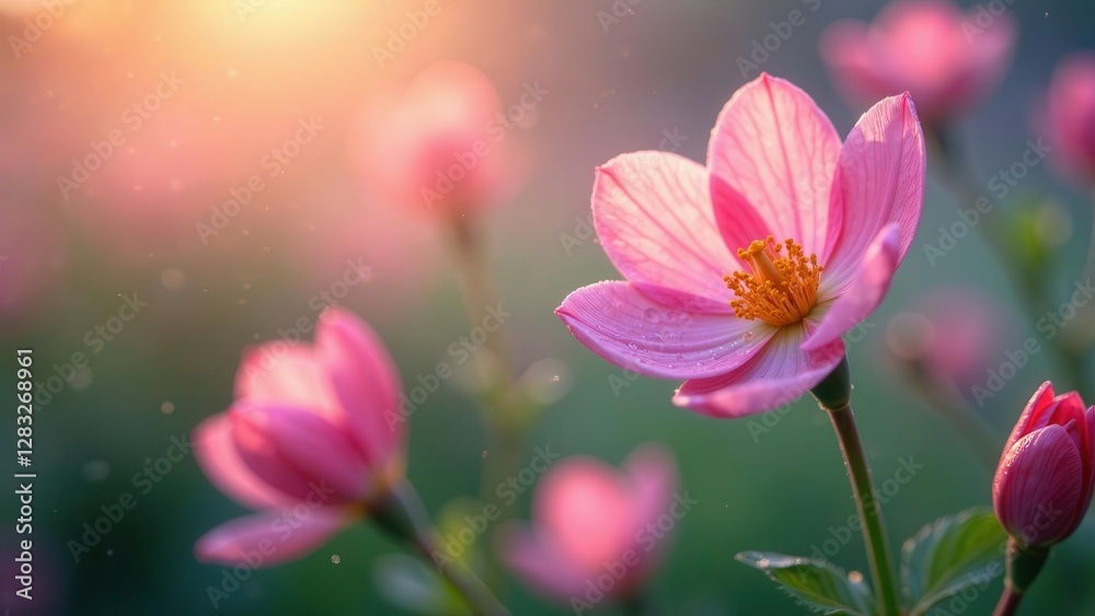 Fototapeta premium Delicate Pink Blossoms Glowing in the Golden Hour Sunlight, a Serene Garden Scene of Nature's Beauty