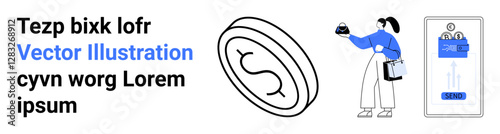 Large coin with dollar sign, person holding a card and phone, digital payment app interface. Ideal for finance, fintech, technology, online payment, banking, transactions flat landing page banner