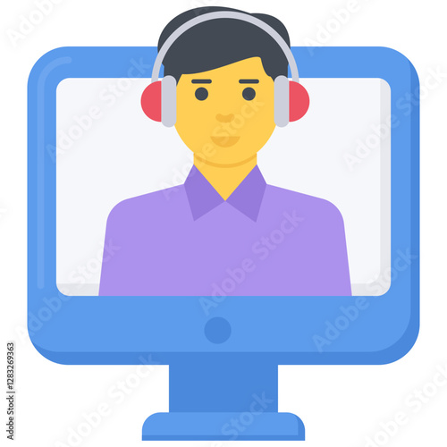 Smiling support agent with headset on computer screen providing customer assistance.