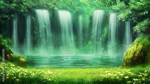Lush Green Forest Waterfall Landscape with Tranquil Pool