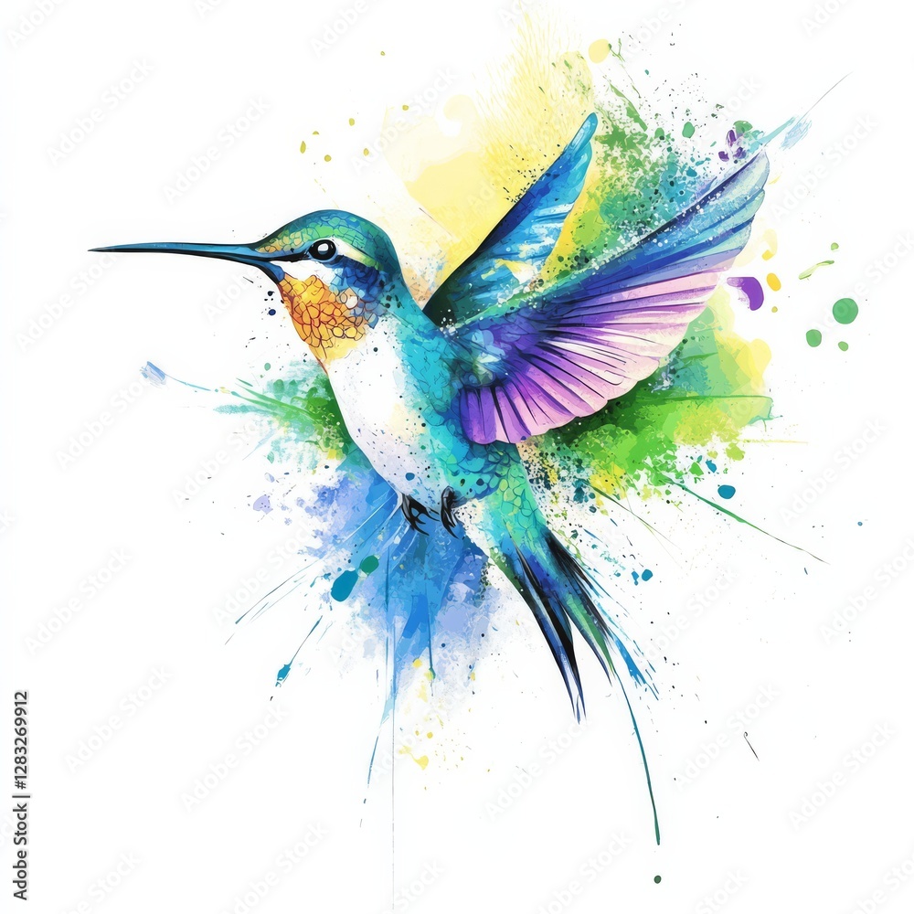 Obraz premium Vibrant hummingbird in flight: A watercolor rendering captures a hummingbird in mid-flight, its wings spread against a backdrop of colorful paint splashes.