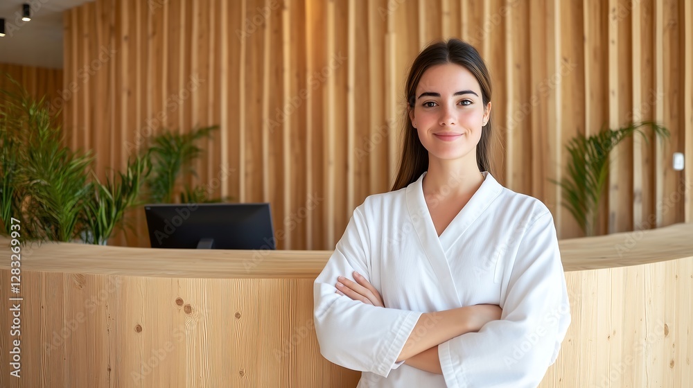 Happy, smiling young female receptionist standing at a hotel front desk, with copy space for text in the wooden wall background. Happy, smiling young female receptionist standing at a hotel front desk, with copy space for text in the wooden wall background.