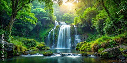 waterfall in dense forest, serene atmosphere, green surroundings,  serene atmosphere