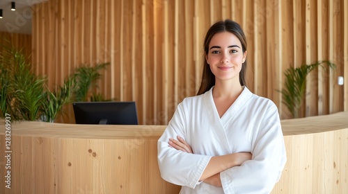 Happy, smiling young female receptionist standing at a hotel front desk, with copy space for text in the wooden wall background. photo