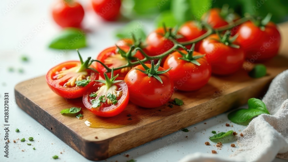 A cluster of ripe cherry tomatoes on the vine, artfully arranged on a rustic wooden board with halved tomatoes and fresh herbs, showcasing their vibrant color and natural sweetness A cluster of ripe cherry tomatoes on the vine, artfully arranged on a rustic wooden board with halved tomatoes and fresh herbs, showcasing their vibrant color and natural sweetness