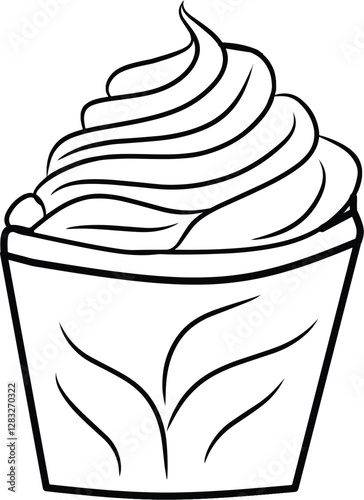 Line art design of a cupcake with detailed frosting and a stylishly ornate wrapper. Perfect for coloring book projects, digital illustrations, or crafting activities.