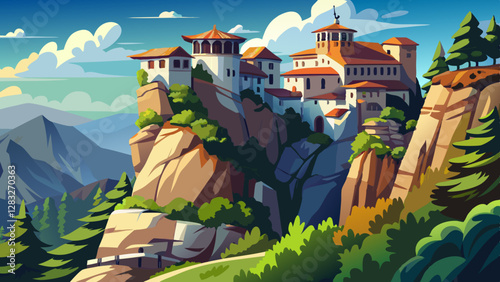 Mysterious hanging over rocks monasteries of Meteora, Greece