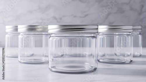 Empty glass jar with screw and metal lid. Realistic vector illustration set of transparent clear open and close with silver cap container for food storage and canning. Blank kitchen package mockup.