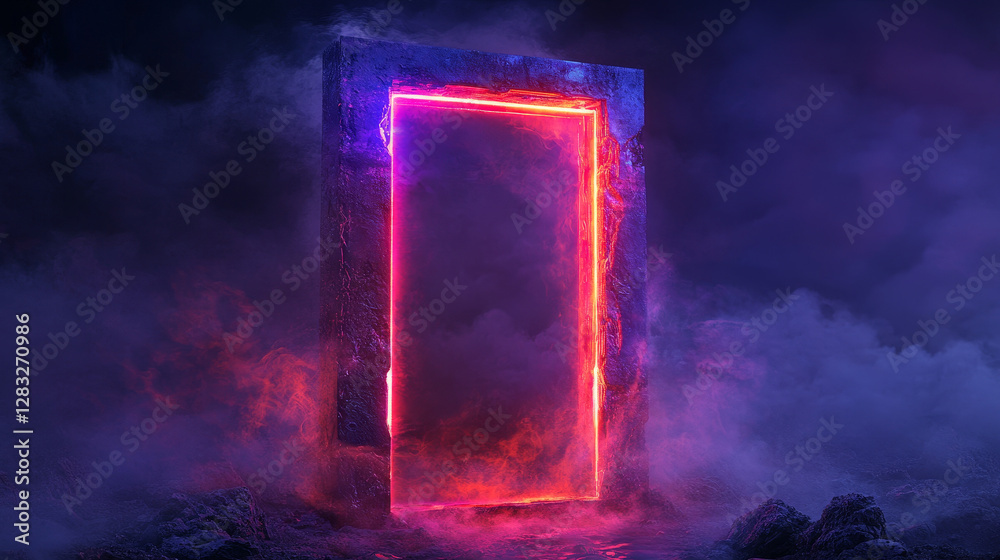 custom made wallpaper toronto digitalNeon futuristic door frame with luminous and fog. Realistic vector illustration of glowing red and purple gradient led rectangular portal with fog on black background. Laser horizontal border.