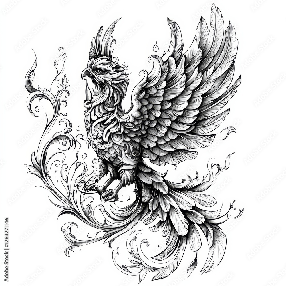 Fototapeta premium Phoenix in Flight: A mythical phoenix, symbolic of rebirth and resilience, takes flight with its wings spread wide, encircled by ornate, swirling details.
