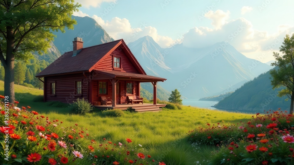 Fototapeta premium Serene Mountain Cabin Retreat A Picturesque Log Home Nestled in a Lush Meadow, Overlooking a Tranquil Lake and Majestic Peaks