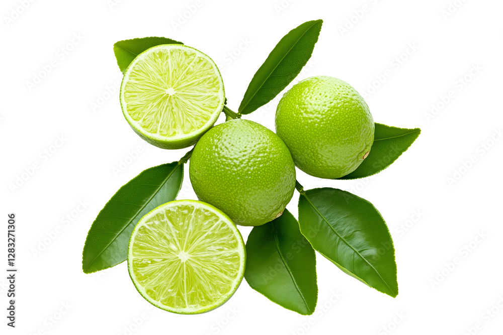 Whole and halved green limes with fresh leaves, presented on white transparent background, highlighting freshness and citrus concept. Whole and halved green limes with fresh leaves, presented on white transparent background, highlighting freshness and citrus concept.