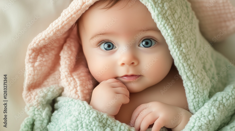 Cute baby smiling with innocence on face, under blanket child relaxing on the bed. Cute baby smiling with innocence on face, under blanket child relaxing on the bed.