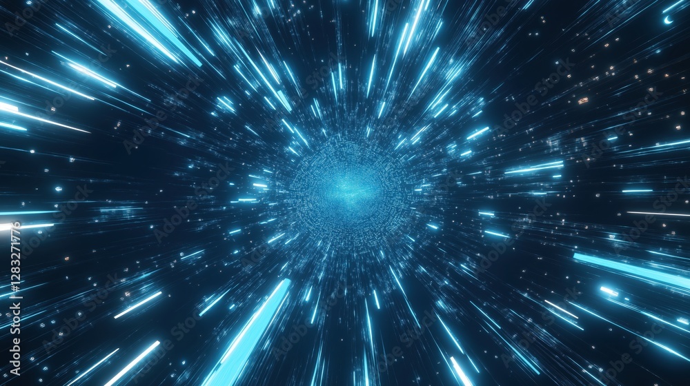 Vivid blue light beams radiating from a central point in space. Vivid blue light beams radiating from a central point in space.