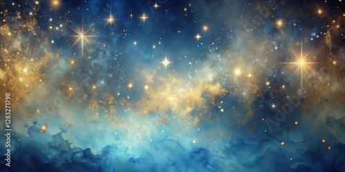 A stylized galaxy background with a gradient of soft gold hues and pastel blues, set against a dark blue canvas, giving an elegant and sophisticated feel , cosmic pattern, dreamy atmosphere