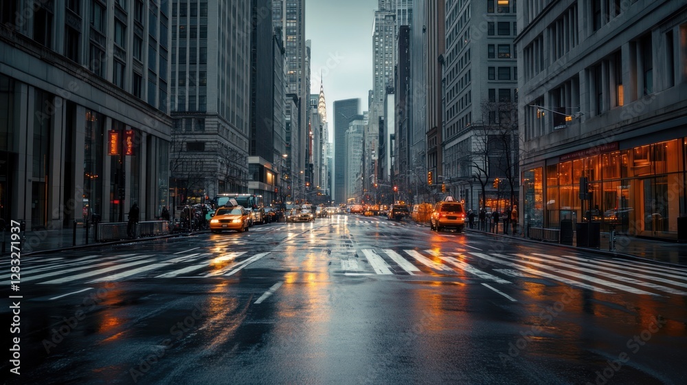 Fototapeta premium Rainy Day in NYC: A Cityscape of Wet Streets and Glimmering Lights