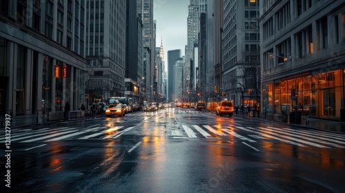 Rainy Day in NYC: A Cityscape of Wet Streets and Glimmering Lights