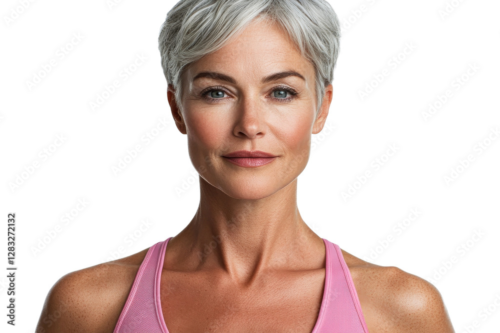 Confident woman in workout gear, short gray hair Confident woman in workout gear, short gray hair