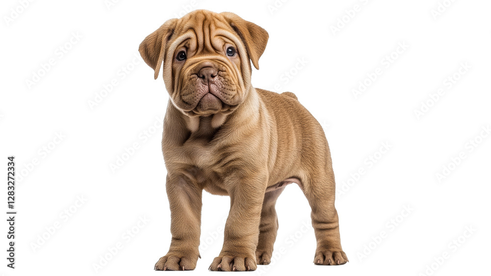 Adorable wrinkled puppy stands in a playful pose Adorable wrinkled puppy stands in a playful pose