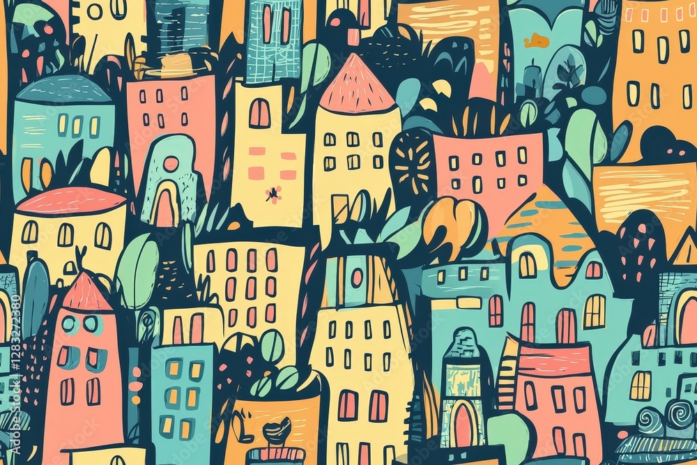 Obraz premium Doodle of imaginary cartoon city seamless pattern texture