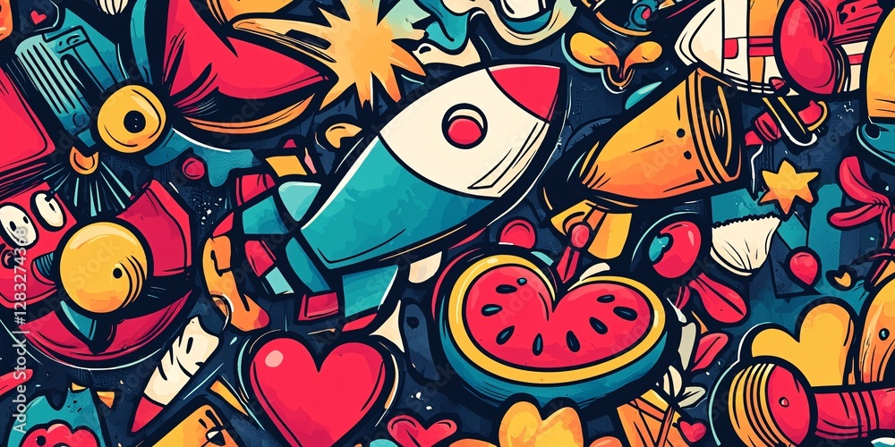 Fototapeta premium vibrant cartoon icons featuring rockets, hearts, and fruits for creative design