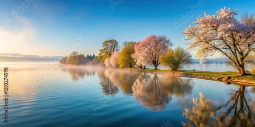 Early spring morning over calm Bodensee lake with mist rising from water and surrounding trees in full bloom, mist, scenery