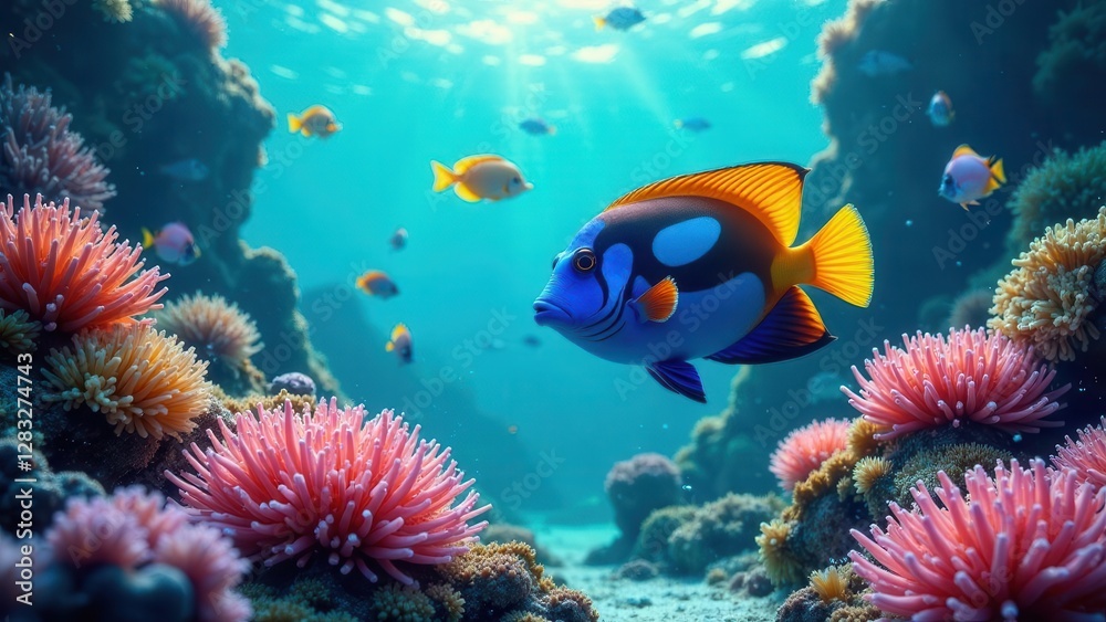 Fototapeta premium Vibrant underwater scene showcasing a diverse array of colorful reef fish and sea anemones thriving in a sunlit coral reef ecosystem.