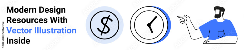 Obraz premium Man pointing at dollar and clock icons to emphasize financial and time management. Ideal for business, productivity, planning, economy, decision-making, time tracking, flat landing page banner
