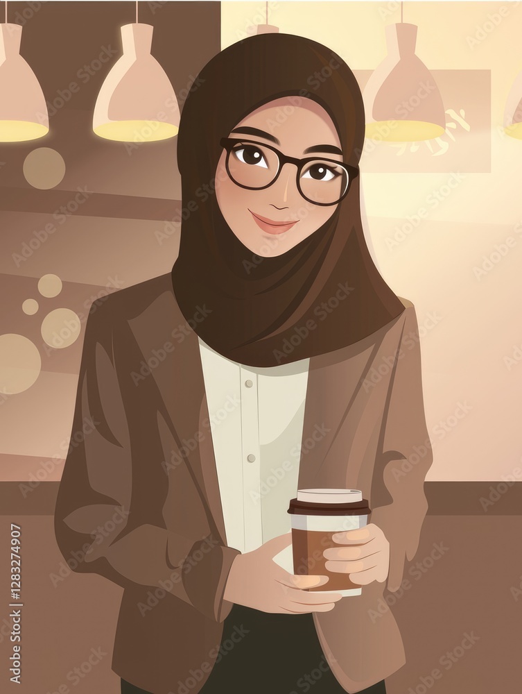 Obraz premium A Smiling Muslim Woman in Glasses Holding Coffee Cup