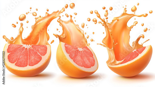 Grapefruit in juice splashes set, half and quarter slices with liquid drops isolated on white background, ripe pomelo fruit design elements for natural drink ad, Realistic 3d vector illustration