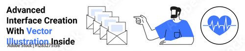 Stack of emails, person pointing, and heart rate icon. Ideal for communication, teamwork, healthcare, innovation, user interface, connection flat landing page banner