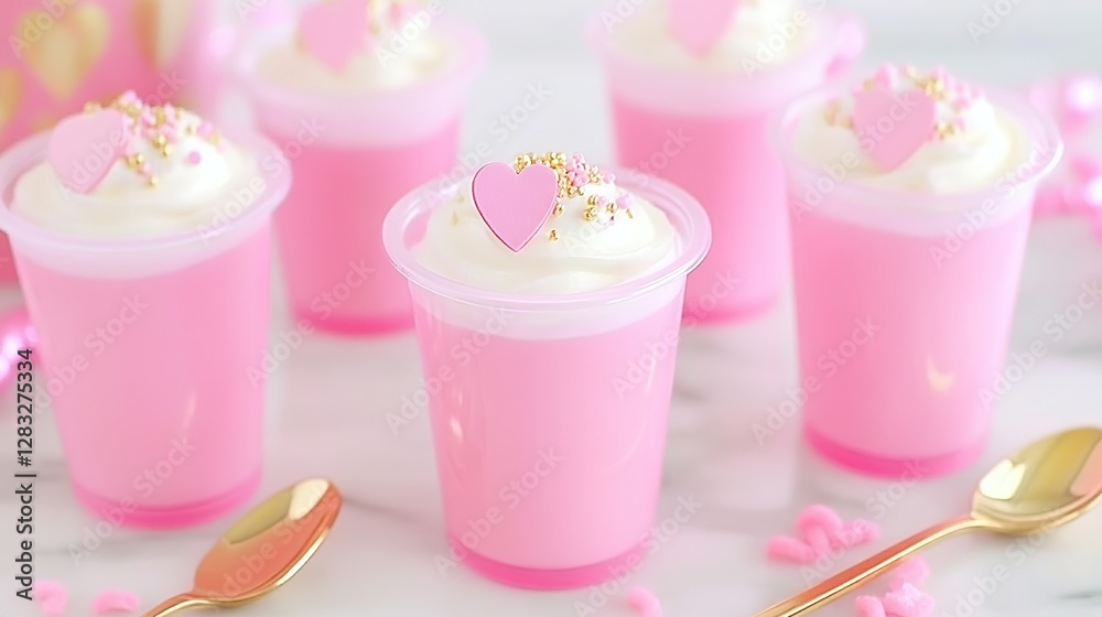 Pink dessert cups, whipped cream, sprinkles, party Pink dessert cups, whipped cream, sprinkles, party
