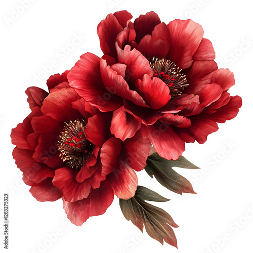 Fototapeta Naklejka Na Ścianę i Meble -  Lush and Full Bloom Hyper Detailed Red Peonies with Intricate Petals on White Background