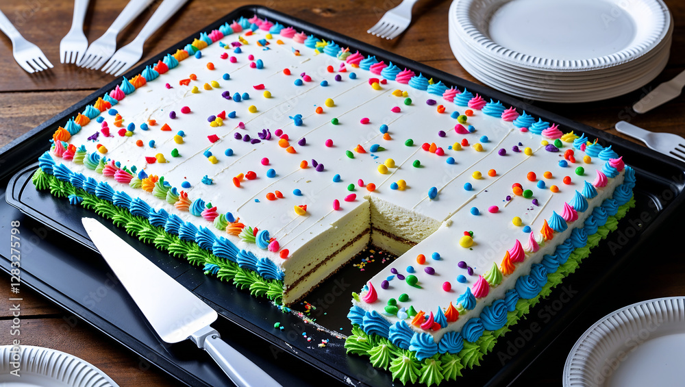 custom made wallpaper toronto digitalLarge sheet cake with colorful icing and sprinkles, ready for a party