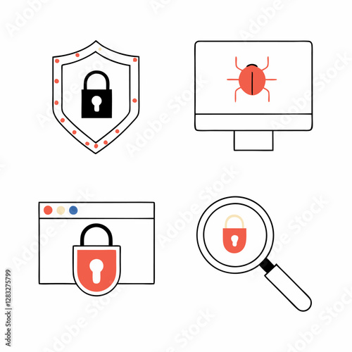 Cybersecurity Icons: Shield, Padlock, Bug.